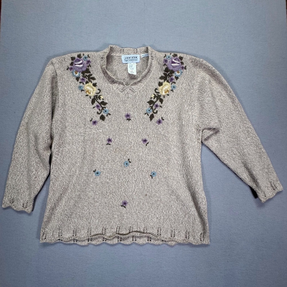 Jantzen Women Sweater Classic Tan Floral Hand Embroidered Scalloped XL